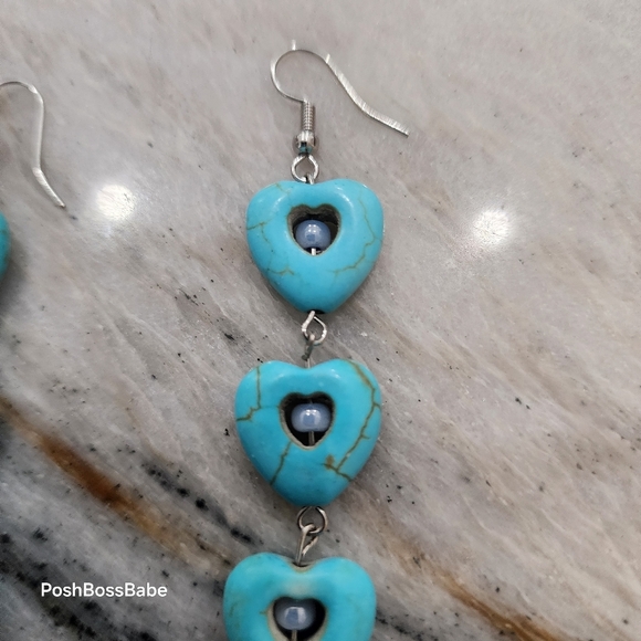 Long Turquoise Heart Drop Earrings – 4" Boho Statement Dangles - Picture 2 of 6